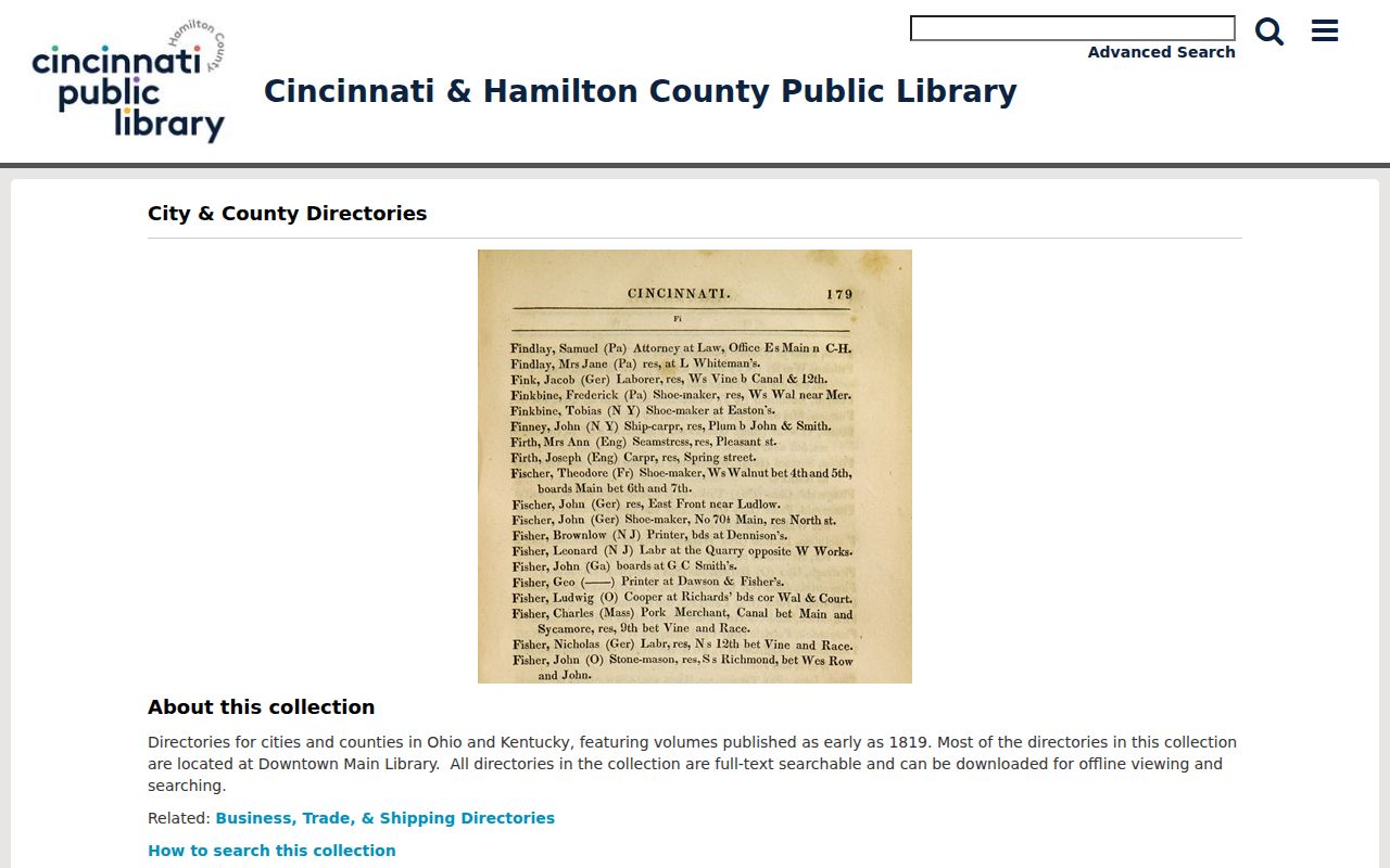 Cincinnati city directory digitized collection search