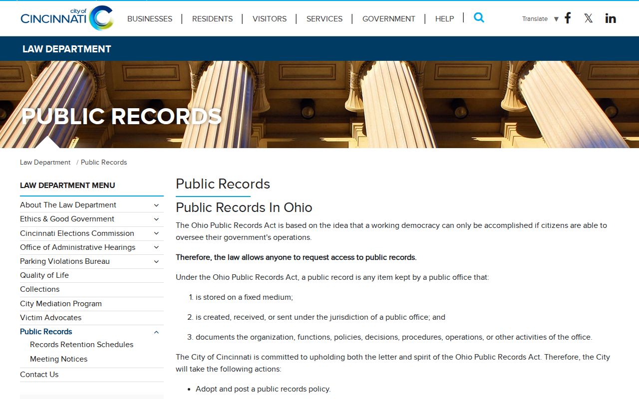 Cincinnati residents directory public records request page