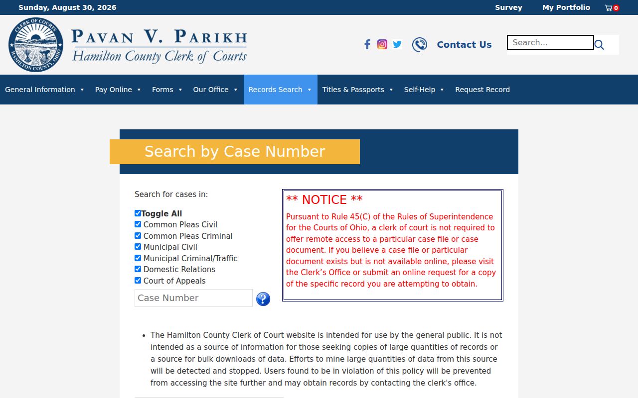 Cincinnati resident lookup Clerk case number search